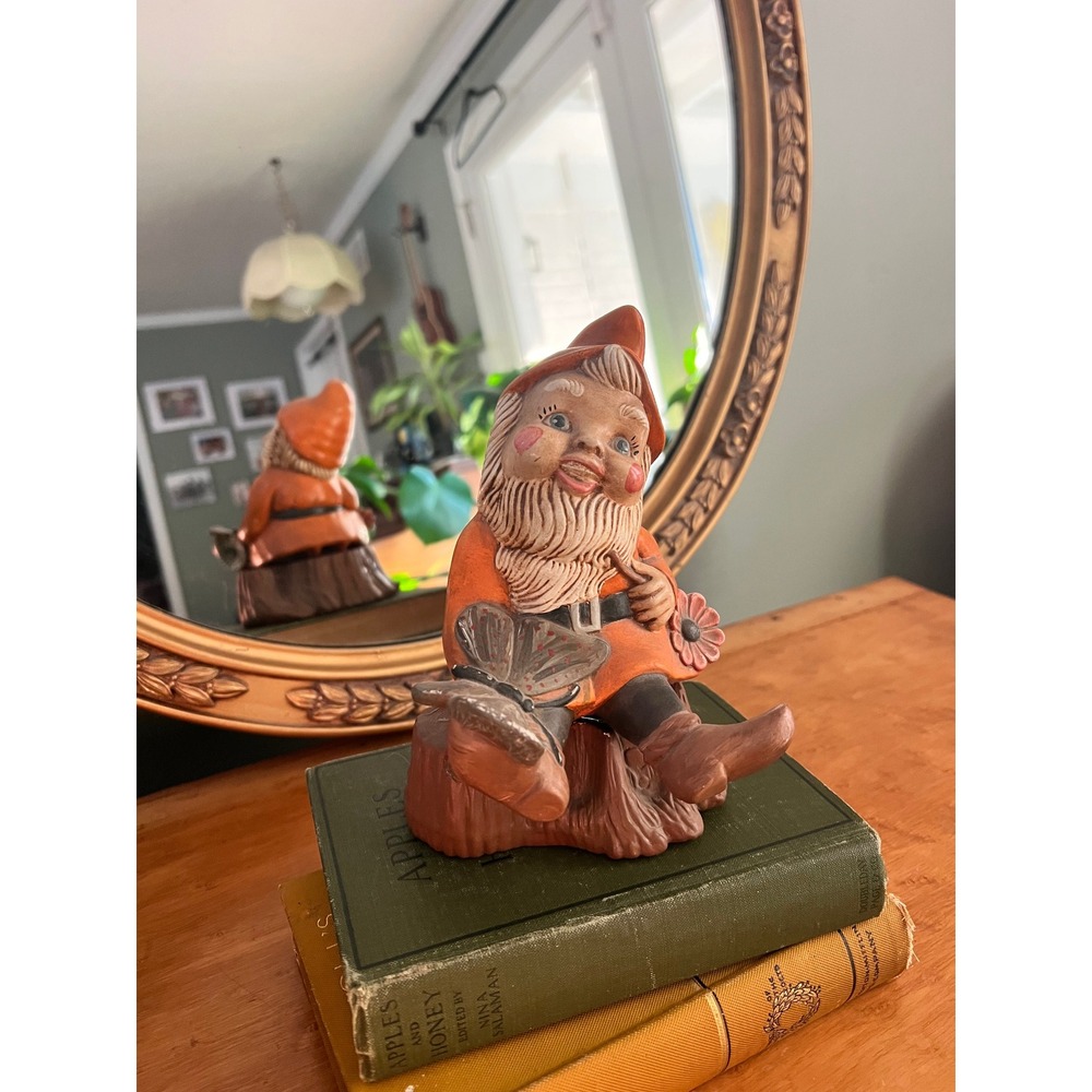 Vintage Hand Painted Garden Gnome Figurine Butterfly Tree Stump 7inch